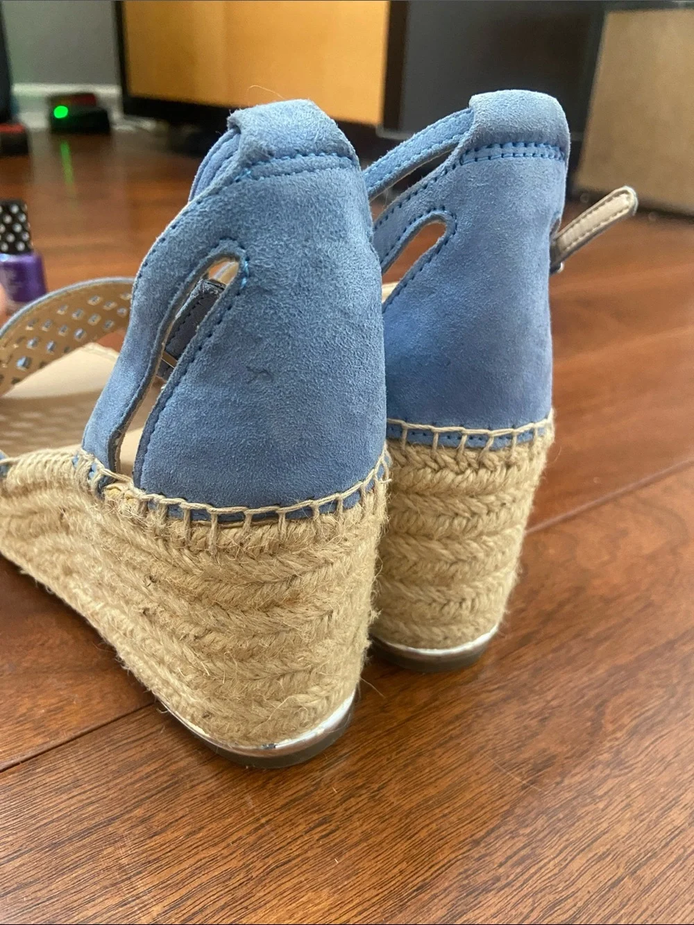 Franco Sarto Light Blue leather Espadrille Wedge Sandals with Ankle Strap.